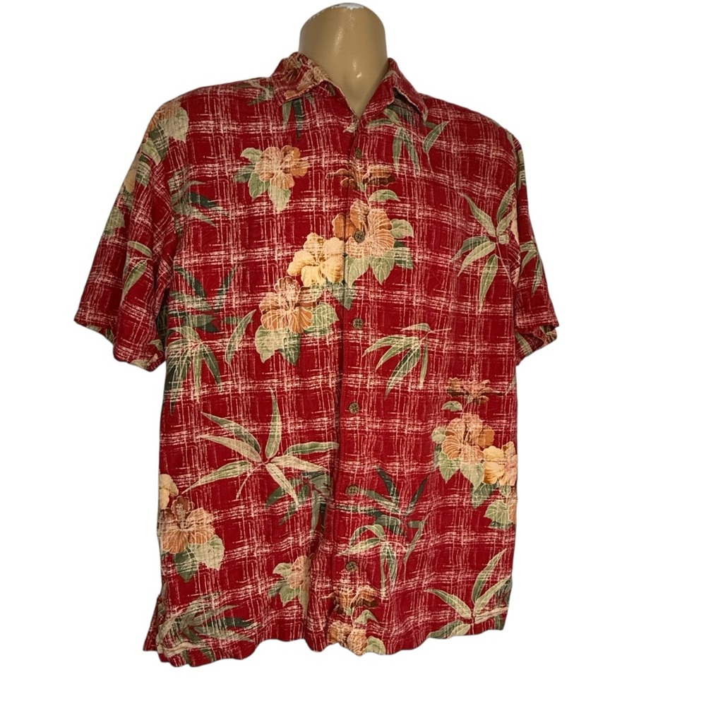 Tommy‎ Bahama Men's Hawaiian Shirt Medium 100% Silk Christmas Look Red Pattern